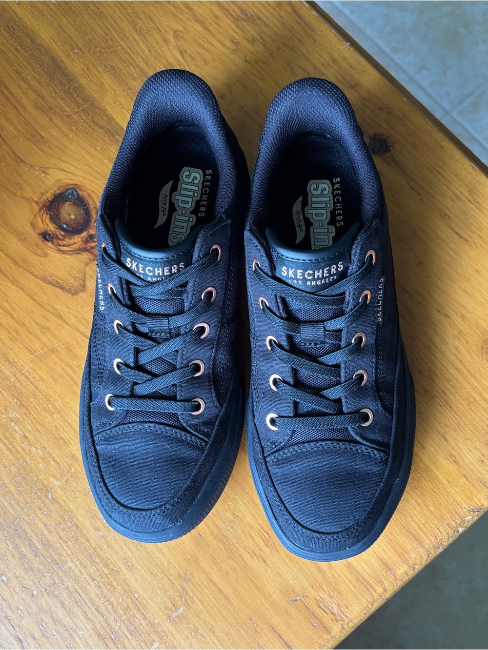 Skechers Womens Black Canvas slip ins Sneakers with Rose Gold Eyelets